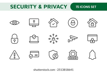 Conjunto de iconos web de seguridad en estilo de línea. Guardia, seguridad cibernética, Contraseña, hogar inteligente, seguridad, protección de datos, llave, escudo, cerradura, desbloqueo, acceso ocular. Conjunto de iconos de esquema de seguridad.