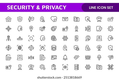 Set of Security web icons in line style. Guard, cyber security, password, smart home, safety, data protection, key, shield, lock, unlock, eye access. Security outline icon set.