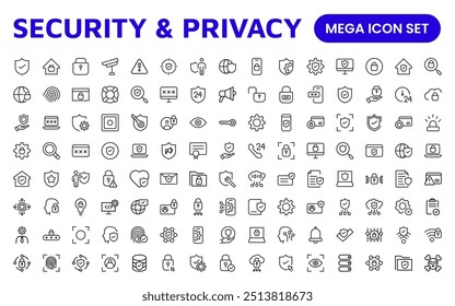 Set of Security web icons in line style. Guard, cyber security, password, smart home, safety, data protection, key, shield, lock, unlock, eye access. Security outline icon set.