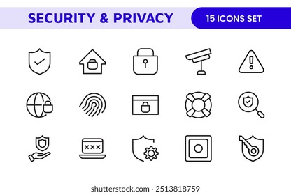 Set of Security web icons in line style. Guard, cyber security, password, smart home, safety, data protection, key, shield, lock, unlock, eye access. Security outline icon set.