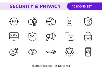 Set of Security web icons in line style. Guard, cyber security, password, smart home, safety, data protection, key, shield, lock, unlock, eye access. Security outline icon set.