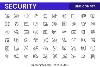 Set of Security web icons in line style. Guard, cyber security, password, smart home, safety, data protection, key, shield, lock, unlock, eye access. Security outline icon set.