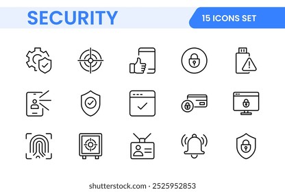 Set of Security web icons in line style. Guard, cyber security, password, smart home, safety, data protection, key, shield, lock, unlock, eye access. Security outline icon set.