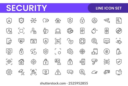 Set of Security web icons in line style. Guard, cyber security, password, smart home, safety, data protection, key, shield, lock, unlock, eye access. Security outline icon set.
