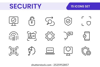 Set of Security web icons in line style. Guard, cyber security, password, smart home, safety, data protection, key, shield, lock, unlock, eye access. Security outline icon set.