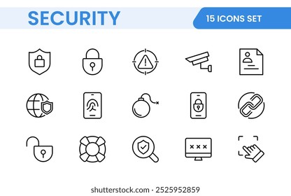 Set of Security web icons in line style. Guard, cyber security, password, smart home, safety, data protection, key, shield, lock, unlock, eye access. Security outline icon set.