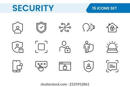 Set of Security web icons in line style. Guard, cyber security, password, smart home, safety, data protection, key, shield, lock, unlock, eye access. Security outline icon set.