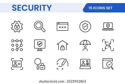 Set of Security web icons in line style. Guard, cyber security, password, smart home, safety, data protection, key, shield, lock, unlock, eye access. Security outline icon set.