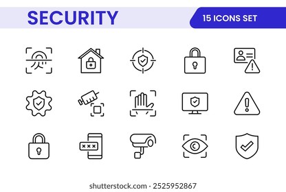 Set of Security web icons in line style. Guard, cyber security, password, smart home, safety, data protection, key, shield, lock, unlock, eye access. Security outline icon set.