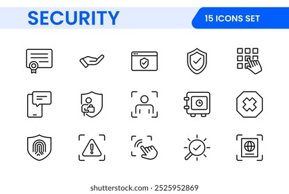 Set of Security web icons in line style. Guard, cyber security, password, smart home, safety, data protection, key, shield, lock, unlock, eye access. Security outline icon set.