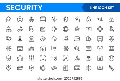 Set of Security web icons in line style. Guard, cyber security, password, smart home, safety, data protection, key, shield, lock, unlock, eye access. Security outline icon set.
