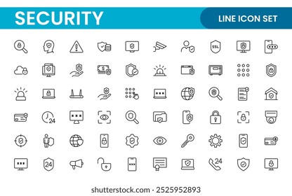 Set of Security web icons in line style. Guard, cyber security, password, smart home, safety, data protection, key, shield, lock, unlock, eye access. Security outline icon set.