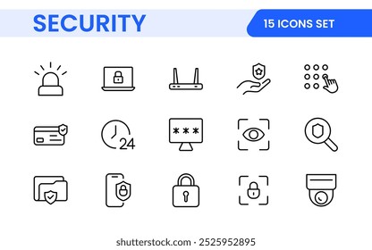 Set of Security web icons in line style. Guard, cyber security, password, smart home, safety, data protection, key, shield, lock, unlock, eye access. Security outline icon set.