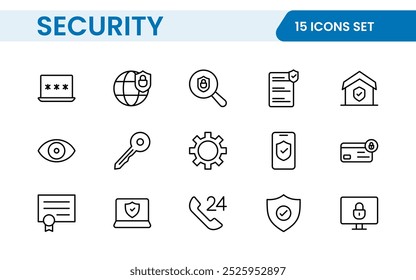 Set of Security web icons in line style. Guard, cyber security, password, smart home, safety, data protection, key, shield, lock, unlock, eye access. Security outline icon set.