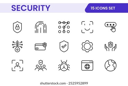 Set of Security web icons in line style. Guard, cyber security, password, smart home, safety, data protection, key, shield, lock, unlock, eye access. Security outline icon set.