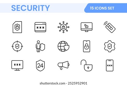 Set of Security web icons in line style. Guard, cyber security, password, smart home, safety, data protection, key, shield, lock, unlock, eye access. Security outline icon set.