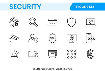 Set of Security web icons in line style. Guard, cyber security, password, smart home, safety, data protection, key, shield, lock, unlock, eye access. Security outline icon set.