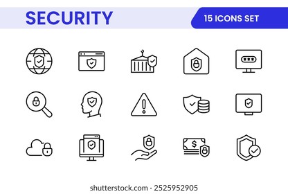 Conjunto de iconos web de seguridad en estilo de línea. Guardia, seguridad cibernética, Contraseña, hogar inteligente, seguridad, protección de datos, llave, escudo, cerradura, desbloqueo, acceso ocular. Conjunto de iconos de esquema de seguridad.