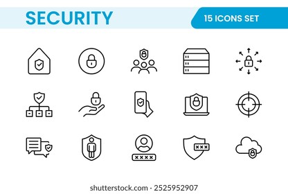 Set of Security web icons in line style. Guard, cyber security, password, smart home, safety, data protection, key, shield, lock, unlock, eye access. Security outline icon set.