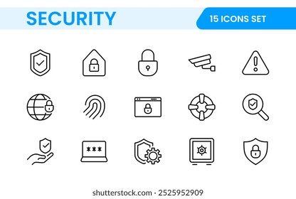 Set of Security web icons in line style. Guard, cyber security, password, smart home, safety, data protection, key, shield, lock, unlock, eye access. Security outline icon set.