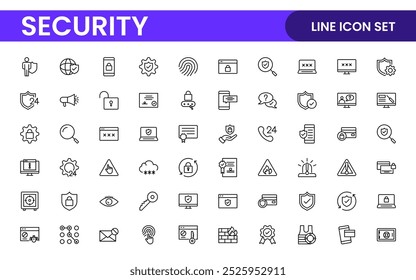 Set of Security web icons in line style. Guard, cyber security, password, smart home, safety, data protection, key, shield, lock, unlock, eye access. Security outline icon set.
