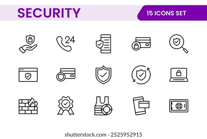 Set of Security web icons in line style. Guard, cyber security, password, smart home, safety, data protection, key, shield, lock, unlock, eye access. Security outline icon set.