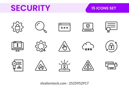 Set of Security web icons in line style. Guard, cyber security, password, smart home, safety, data protection, key, shield, lock, unlock, eye access. Security outline icon set.