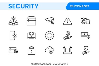 Set of Security web icons in line style. Guard, cyber security, password, smart home, safety, data protection, key, shield, lock, unlock, eye access. Security outline icon set.