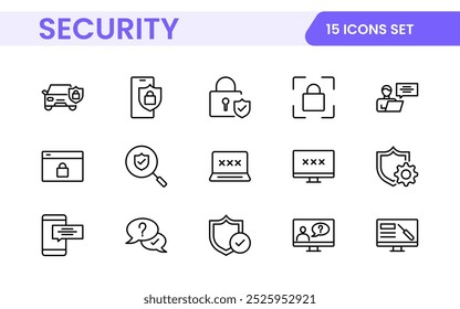 Set of Security web icons in line style. Guard, cyber security, password, smart home, safety, data protection, key, shield, lock, unlock, eye access. Security outline icon set.