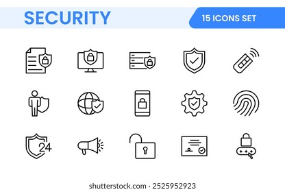 Conjunto de ícones da Web de segurança no estilo de linha. Guarda, segurança cibernética, senha, casa inteligente, segurança, proteção de dados, chave, escudo, bloqueio, desbloqueio, acesso aos olhos. Conjunto de ícones da estrutura de tópicos de segurança.