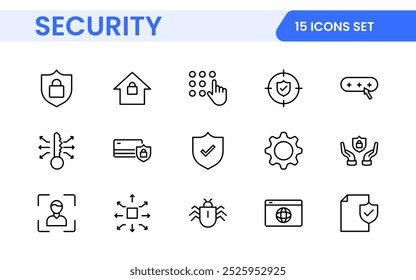 Set of Security web icons in line style. Guard, cyber security, password, smart home, safety, data protection, key, shield, lock, unlock, eye access. Security outline icon set.