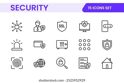 Set von Sicherheits-Websymbolen im Linienstil. Guard, Cyber-Sicherheit, Passwort, Smart Home, Sicherheit, Datenschutz, Schlüssel, Schild, Schloss, entsperren, Augenzugang. Symbolsatz für Sicherheitsgliederung.