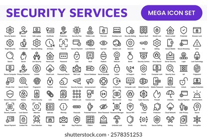 Set of Security web icons in line style. Guard, cyber security, password, smart home, safety, data protection, key, shield, lock, unlock, eye access. Security outline icon set.