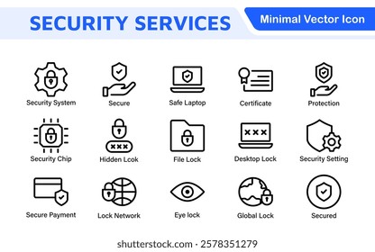 Set of Security web icons in line style. Guard, cyber security, password, smart home, safety, data protection, key, shield, lock, unlock, eye access. Security outline icon set.