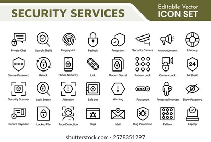 Set of Security web icons in line style. Guard, cyber security, password, smart home, safety, data protection, key, shield, lock, unlock, eye access. Security outline icon set.