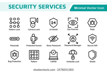 Set of Security web icons in line style. Guard, cyber security, password, smart home, safety, data protection, key, shield, lock, unlock, eye access. Security outline icon set.