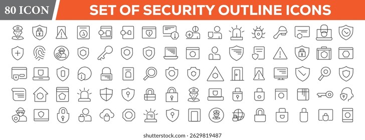 Set of Security web icons in line style. Guard, cyber security, password, smart home, safety, data protection, lock, unlock, UX UI design. Technology vector icons. outline. Security outline icon set. 