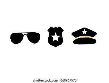 Set of security/police symbols: Police glasses, badge with sheriff star, police cap. Vector illustration. Flat style