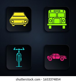 Set Sedan car, Car, Bicycle and School Bus. Black square button. Vector