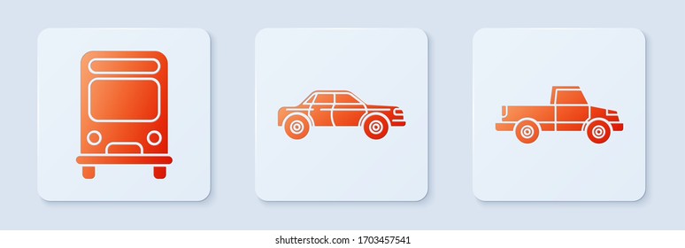 Set Sedan car, Bus and Pickup truck. White square button. Vector