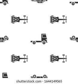 Set Sedan car, Delivery cargo truck vehicle and Formula race car on seamless pattern. Vector