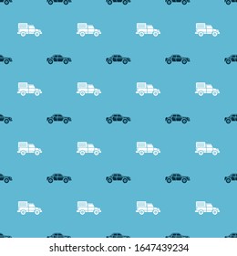 Set Sedan car and Delivery cargo truck vehicle on seamless pattern. Vector