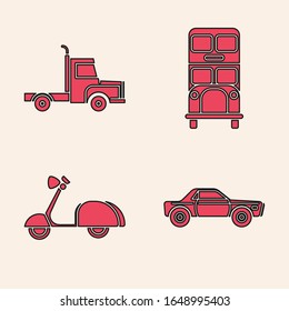 Set Sedan car, Delivery cargo truck vehicle, Double decker bus and Scooter icon. Vector