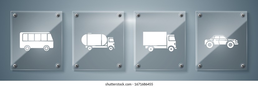 Poner en camión Sedan, coche de carga de entrega, coche de tanques y autobús. Paneles de vidrio cuadrado. Vector