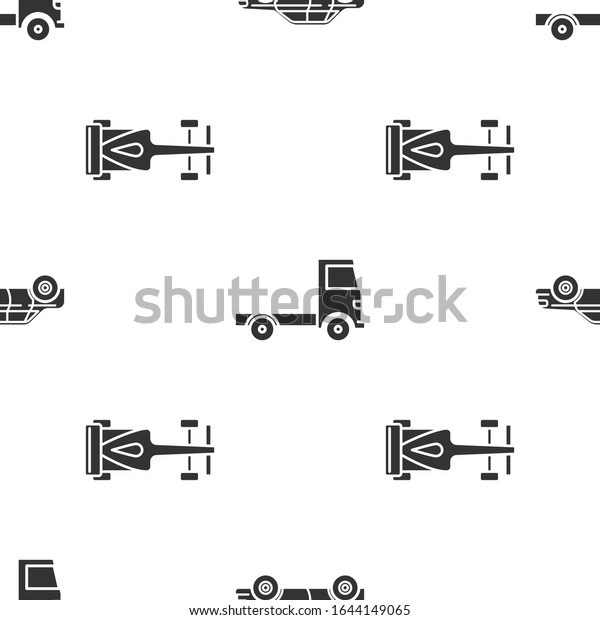 Set Sedan car, Delivery cargo\
truck vehicle and Formula race car on seamless pattern.\
Vector