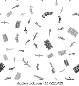 Set Sedan car, Formula race car, Old city tram and Plane on seamless pattern. Vector