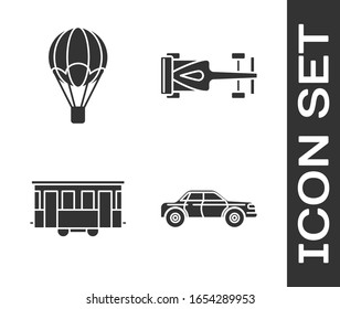 Set Sedan car, Hot air balloon, Old city tram and Formula race car icon. Vector