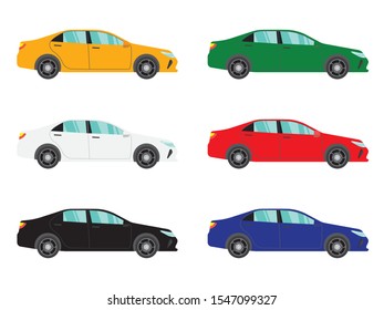 Set of sedan car side view on white backgruond, illustration vector