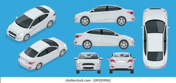 Set of Sedan Cars. Compact Hybrid Vehicle. Eco-friendly hi-tech auto. Isolated car, template for branding, advertising. Front, rear , side, top and isometry front and back