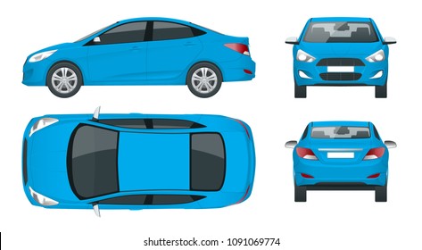 Set of Sedan Cars. Compact Hybrid Vehicle. Eco-friendly hi-tech auto. Isolated car, template for branding and advertising. View front, rear, side, top. Vector illustration